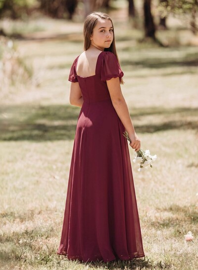 A-Line Square Neckline Short Sleeves Floor-Length Chiffon Junior Bridesmaid Dresses With Split Front