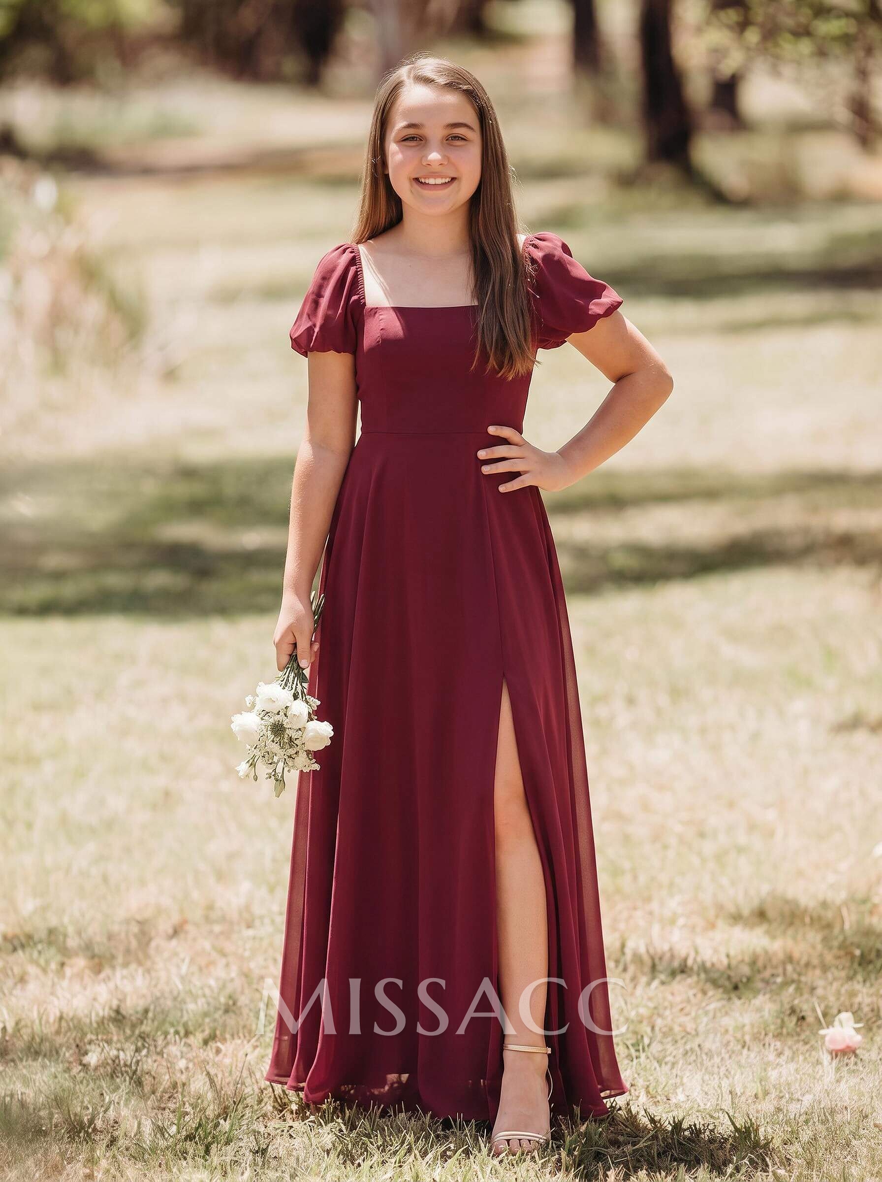 A-Line Square Neckline Short Sleeves Floor-Length Chiffon Junior Bridesmaid Dresses With Split Front