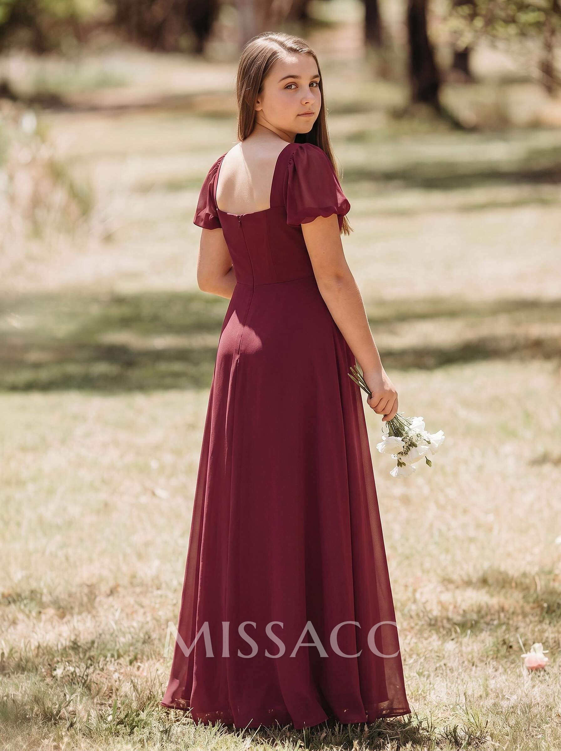 A-Line Square Neckline Short Sleeves Floor-Length Chiffon Junior Bridesmaid Dresses With Split Front