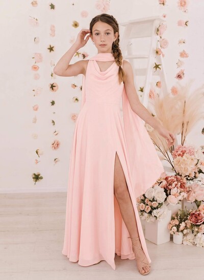 A-Line Cowl Neck Sleeveless Floor-Length Chiffon Junior Bridesmaid Dresses With High Split