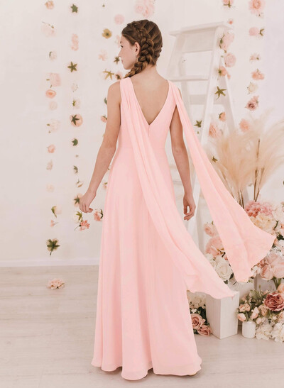 A-Line Cowl Neck Sleeveless Floor-Length Chiffon Junior Bridesmaid Dresses With High Split