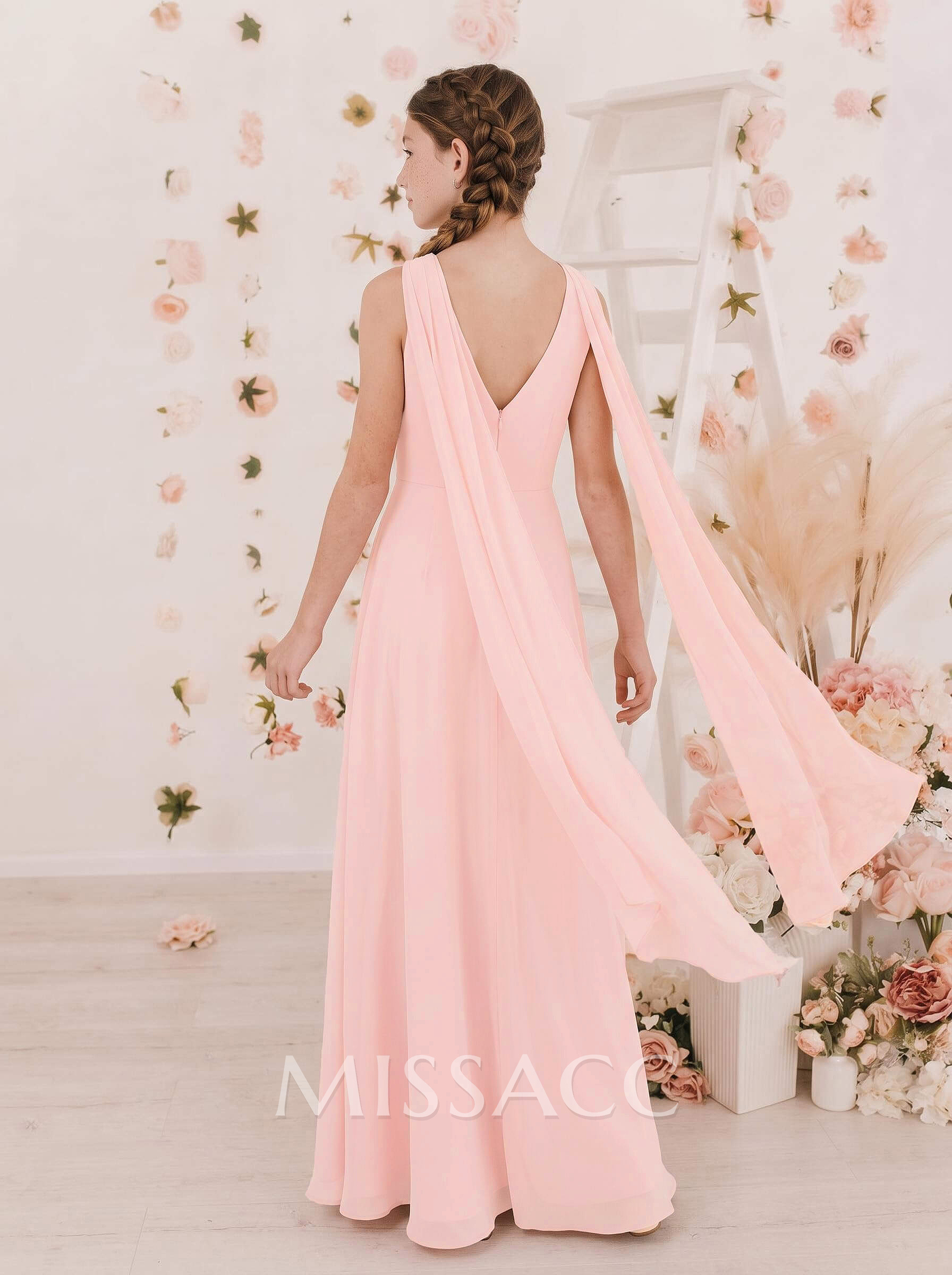 A-Line Cowl Neck Sleeveless Floor-Length Chiffon Junior Bridesmaid Dresses With High Split