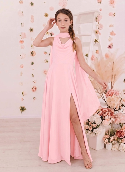 A-Line Cowl Neck Sleeveless Floor-Length Chiffon Junior Bridesmaid Dresses With High Split