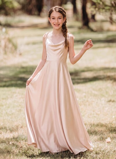 A-Line Cowl Neck Sleeveless Sweep Train Silk Like Satin Junior Bridesmaid Dresses