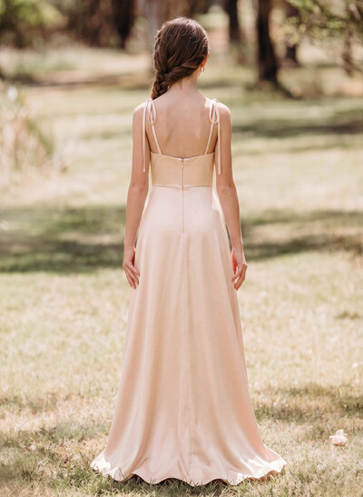 A-Line Cowl Neck Sleeveless Sweep Train Silk Like Satin Junior Bridesmaid Dresses