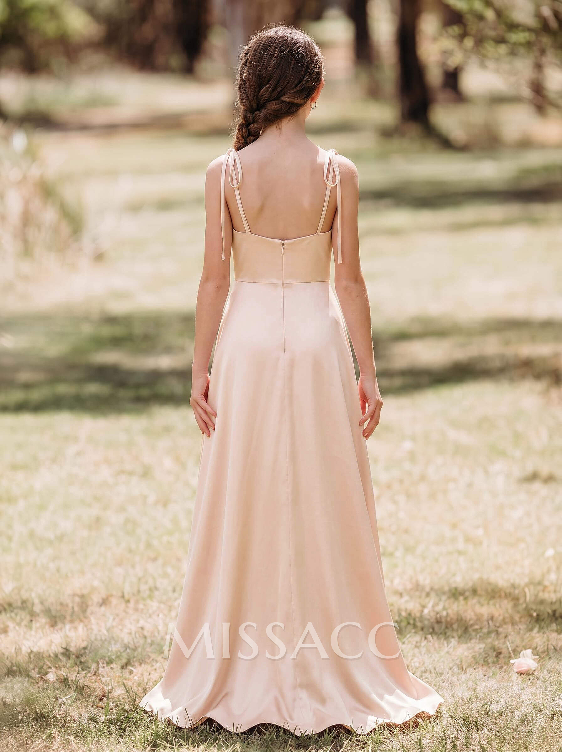A-Line Cowl Neck Sleeveless Sweep Train Silk Like Satin Junior Bridesmaid Dresses