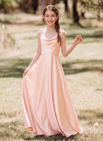 A-Line Cowl Neck Sleeveless Sweep Train Stretch Satin Junior Bridesmaid Dresses