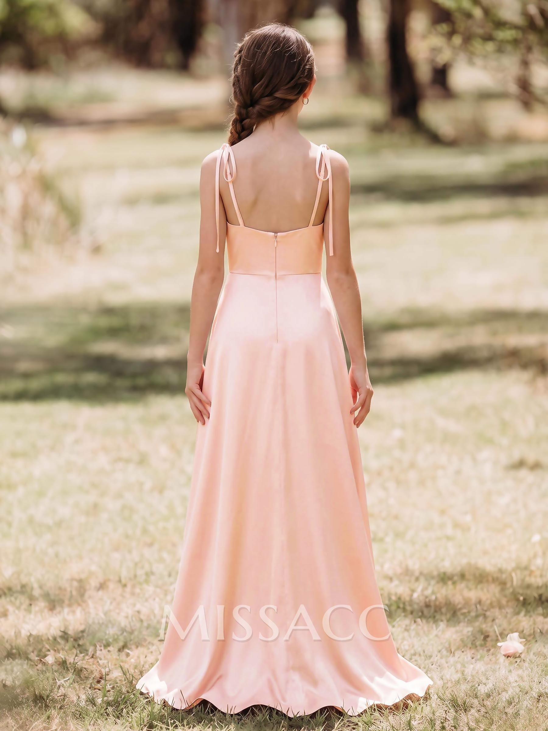 A-Line Cowl Neck Sleeveless Sweep Train Stretch Satin Junior Bridesmaid Dresses