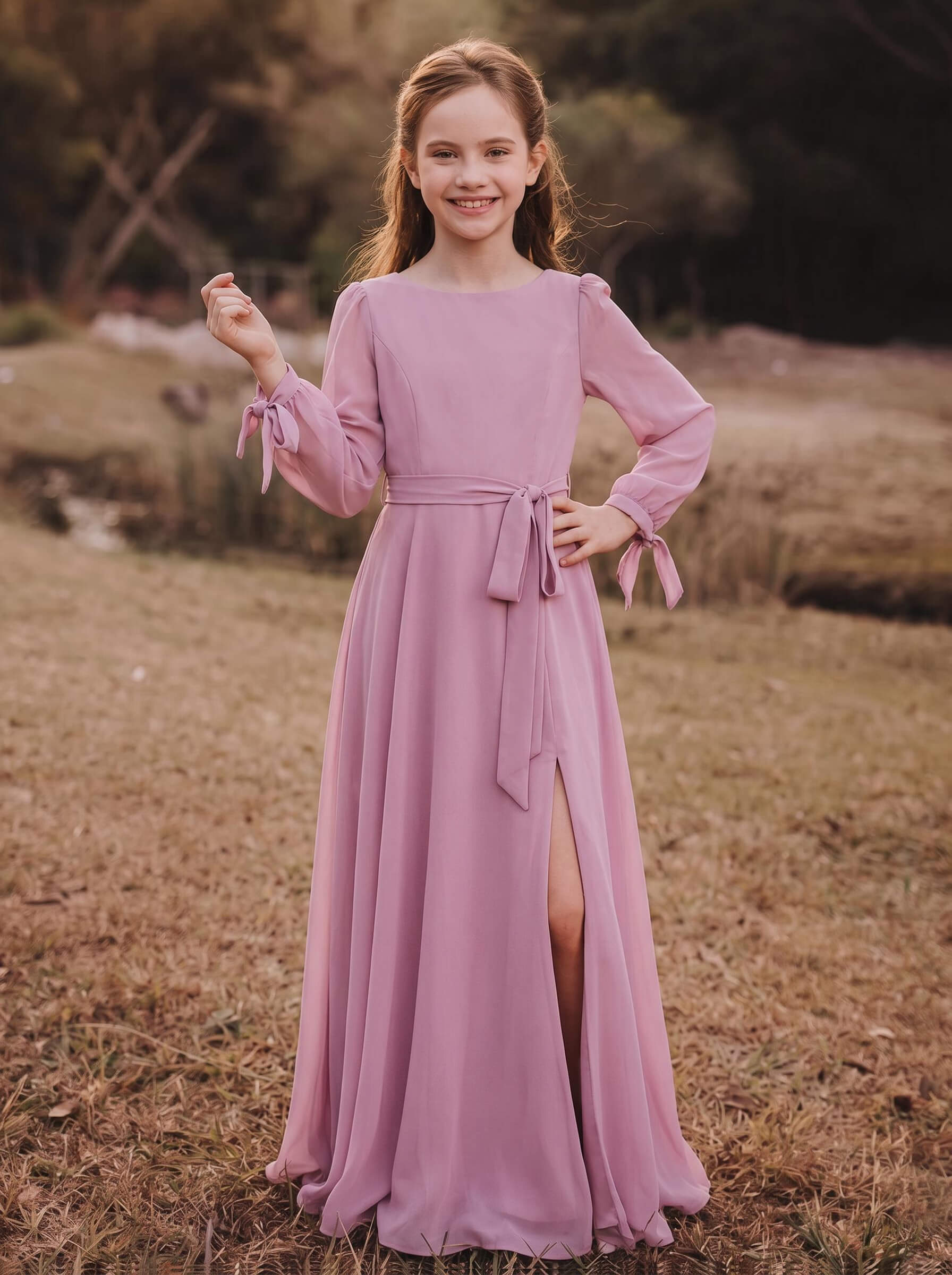 A-Line Scoop Neck Long Sleeves Floor-Length Chiffon Junior Bridesmaid Dresses With Split Front/Sash/Bubble Hem