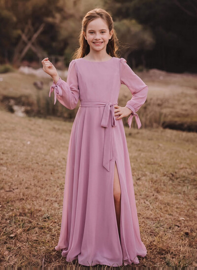 A-Line Scoop Neck Long Sleeves Floor-Length Chiffon Junior Bridesmaid Dresses With Split Front/Sash/Bubble Hem