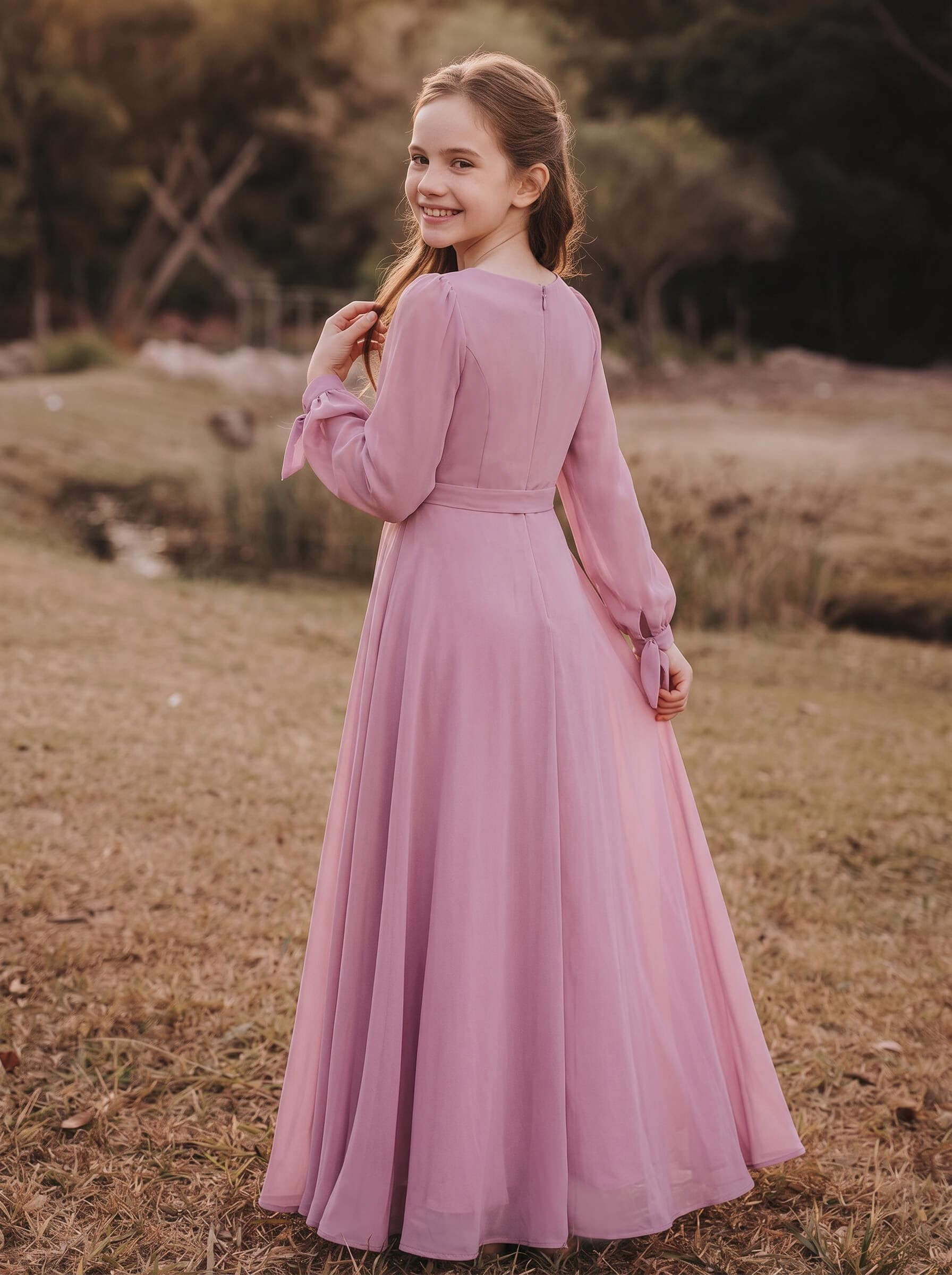 A-Line Scoop Neck Long Sleeves Floor-Length Chiffon Junior Bridesmaid Dresses With Split Front/Sash/Bubble Hem