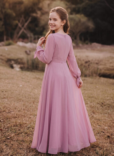 A-Line Scoop Neck Long Sleeves Floor-Length Chiffon Junior Bridesmaid Dresses With Split Front/Sash/Bubble Hem
