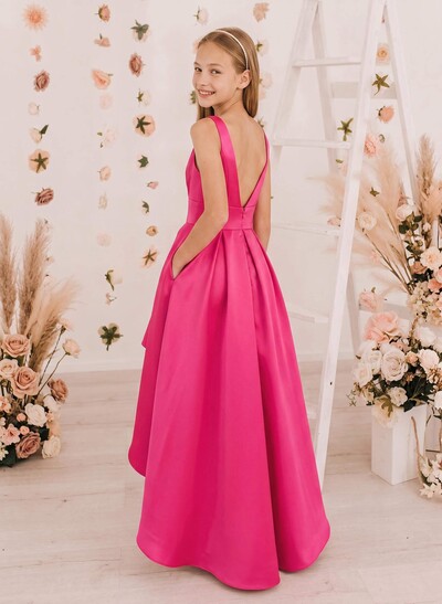 A-Line V-Neck Sleeveless Asymmetrical Satin Junior Bridesmaid Dresses With Pockets