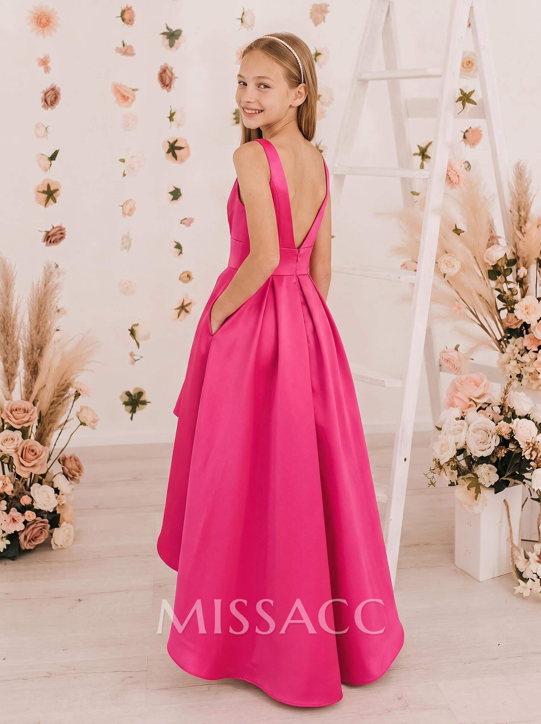 A-Line V-Neck Sleeveless Asymmetrical Satin Junior Bridesmaid Dresses With Pockets