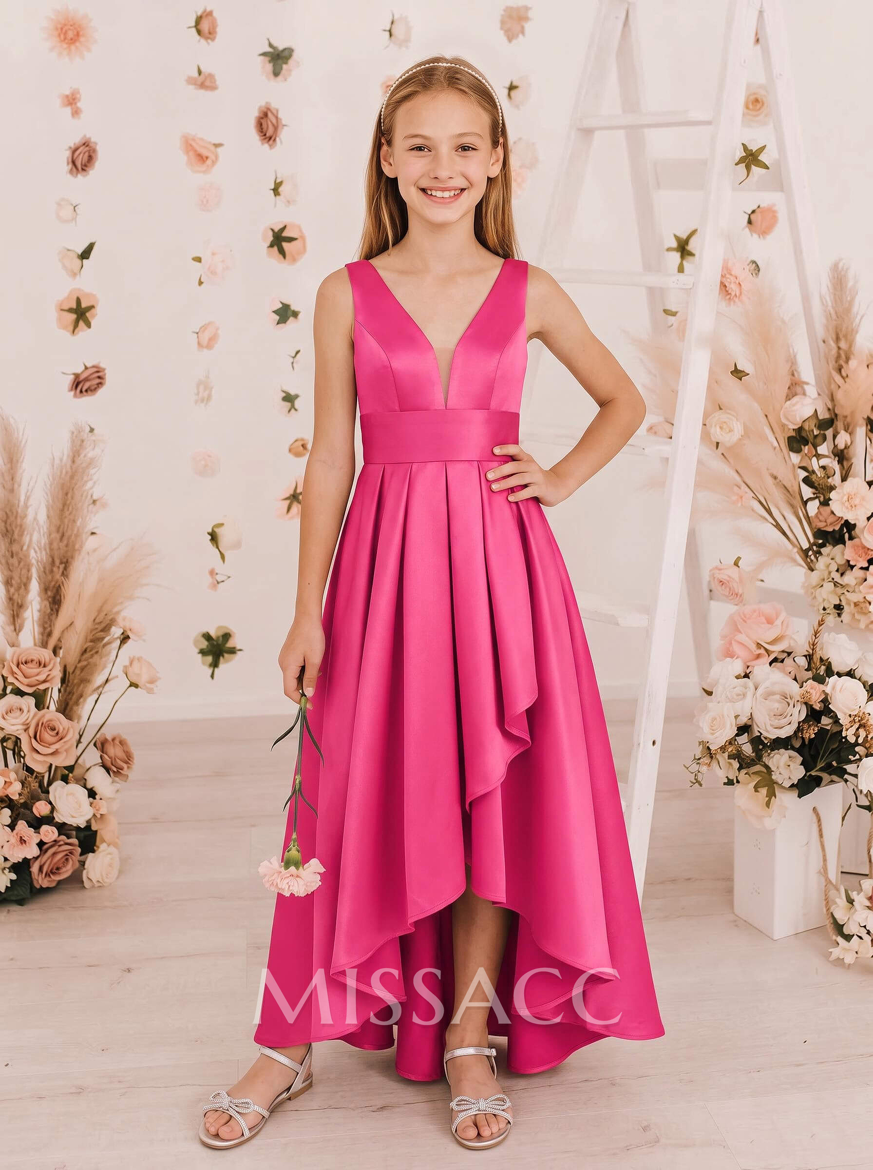 A-Line V-Neck Sleeveless Asymmetrical Satin Junior Bridesmaid Dresses With Pockets