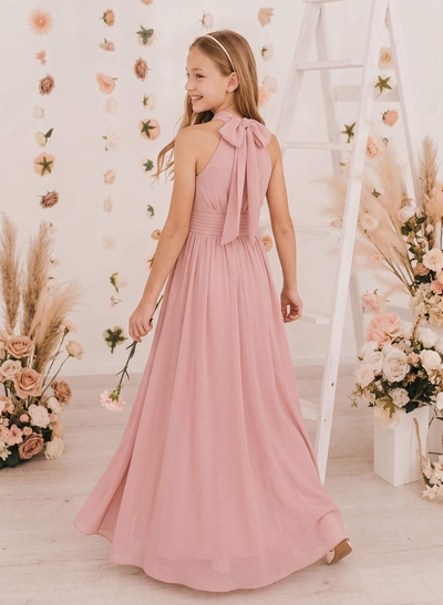 A-Line High Neck Sleeveless Floor-Length Chiffon Junior Bridesmaid Dresses With Split Front/Bow