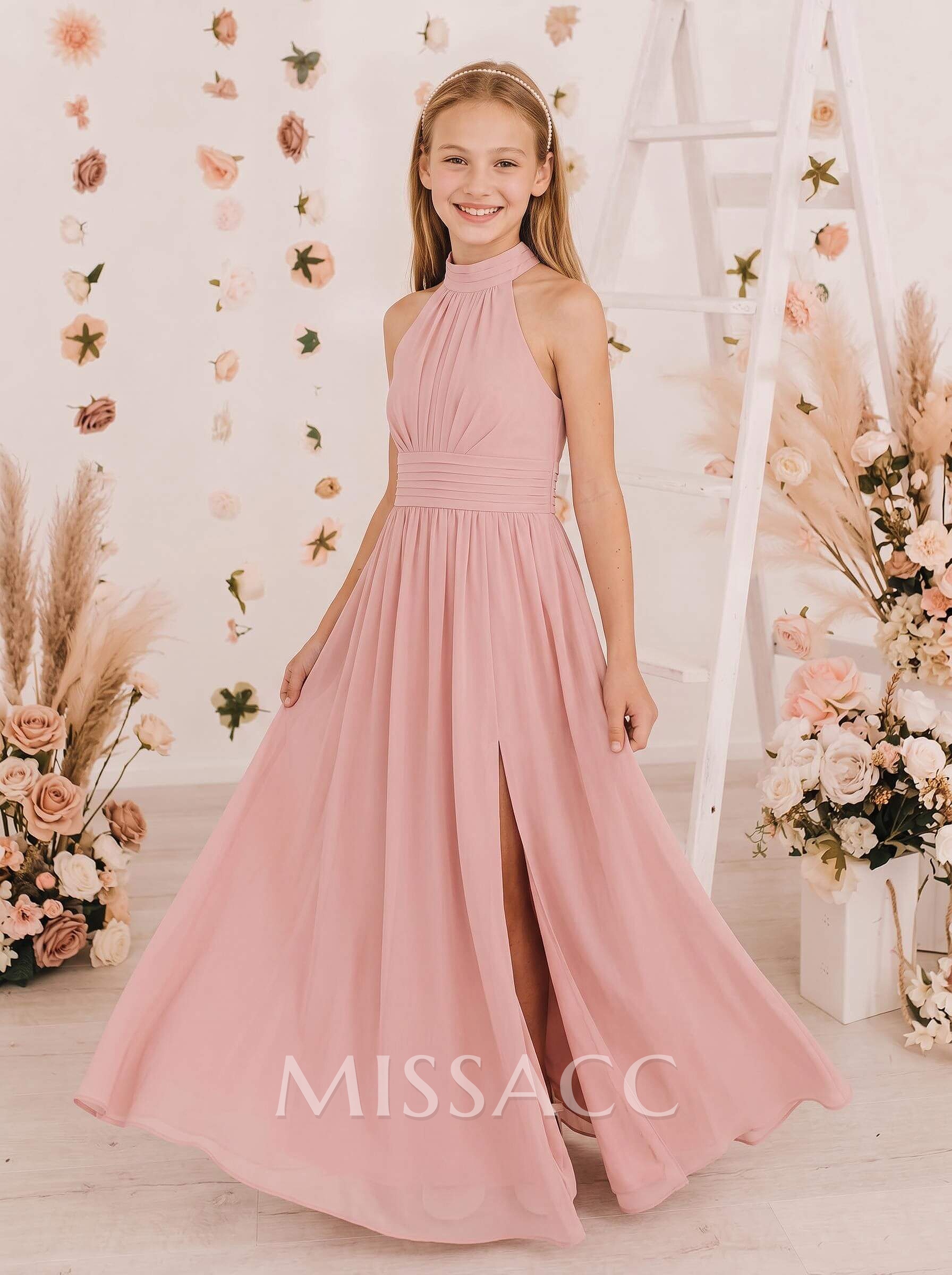 A-Line High Neck Sleeveless Floor-Length Chiffon Junior Bridesmaid Dresses With Split Front/Bow