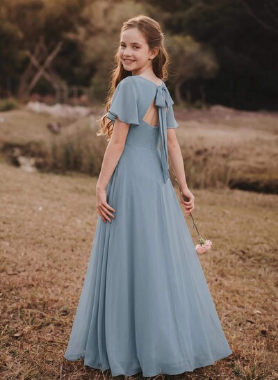 A-Line V-Neck Short Sleeves Floor-Length Chiffon Junior Bridesmaid Dresses With High Split
