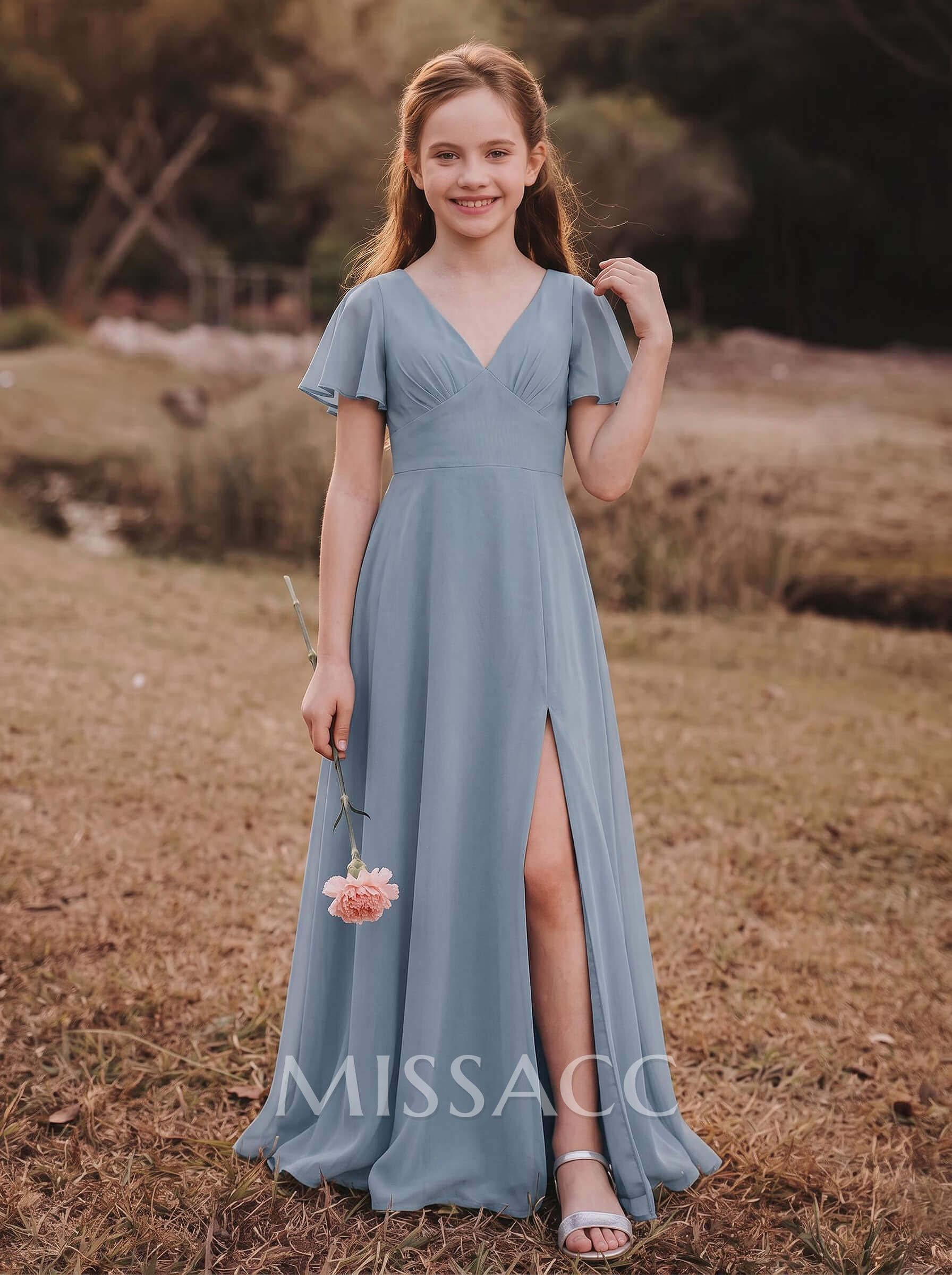 A-Line V-Neck Short Sleeves Floor-Length Chiffon Junior Bridesmaid Dresses With High Split