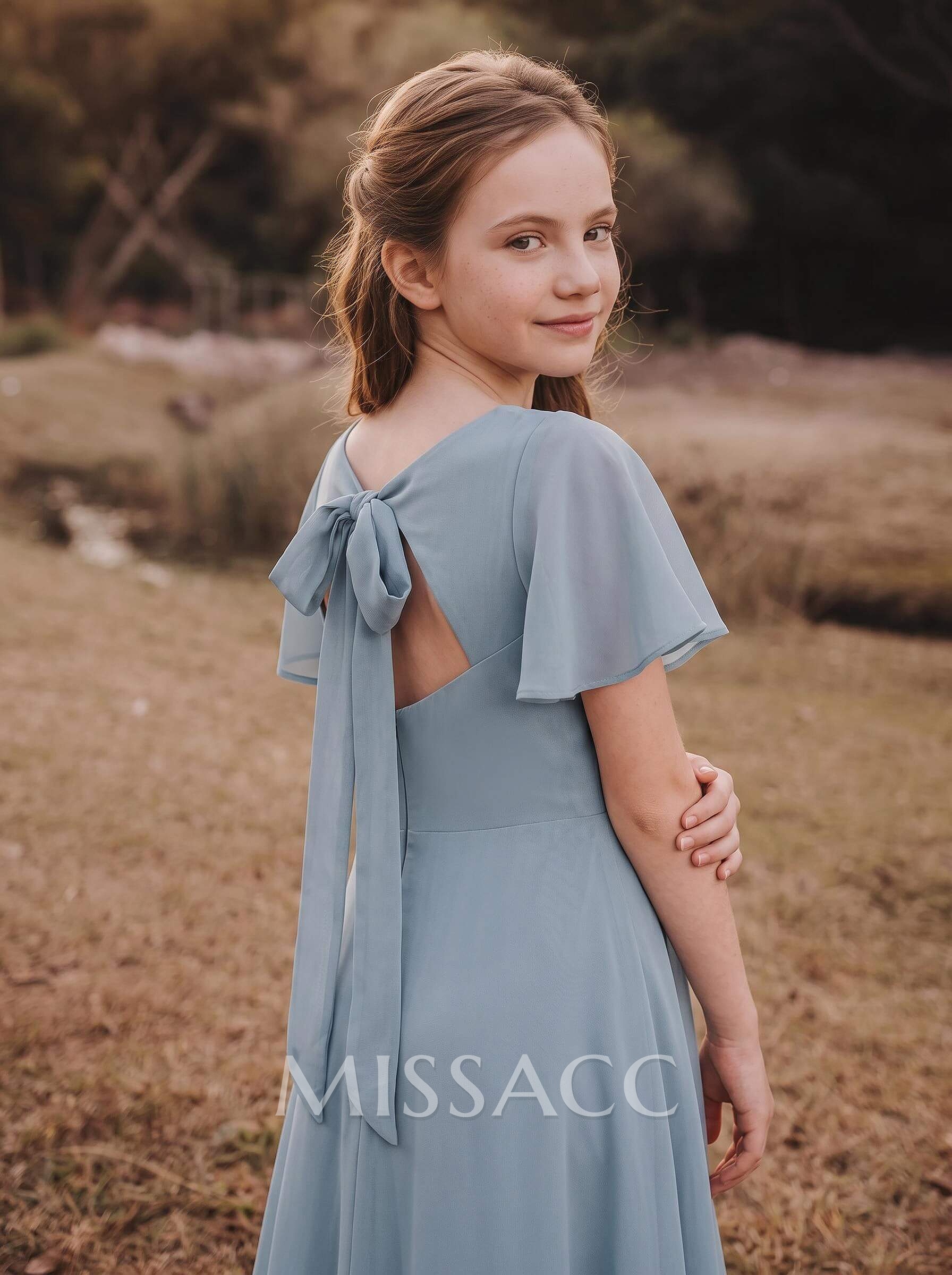 A-Line V-Neck Short Sleeves Floor-Length Chiffon Junior Bridesmaid Dresses With High Split