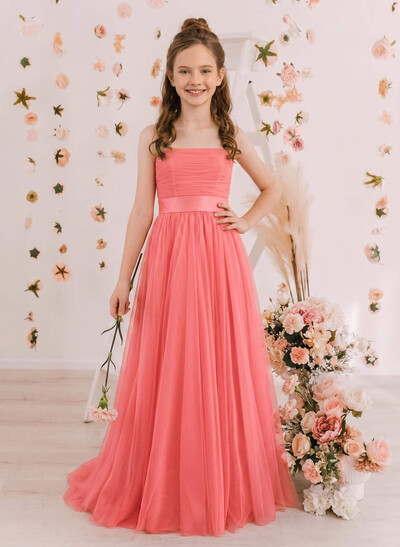 A-Line Strapless Sleeveless Sweep Train Satin/Tulle Junior Bridesmaid Dresses With Bow