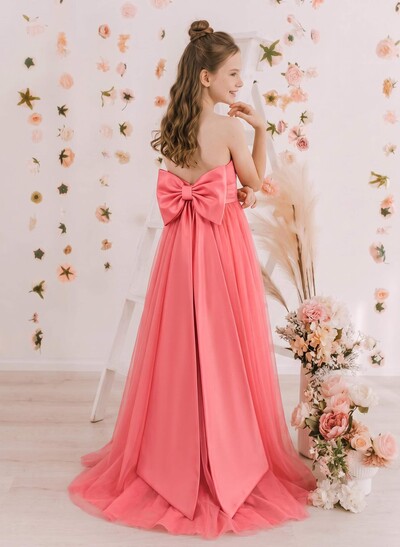 A-Line Strapless Sleeveless Sweep Train Satin/Tulle Junior Bridesmaid Dresses With Bow