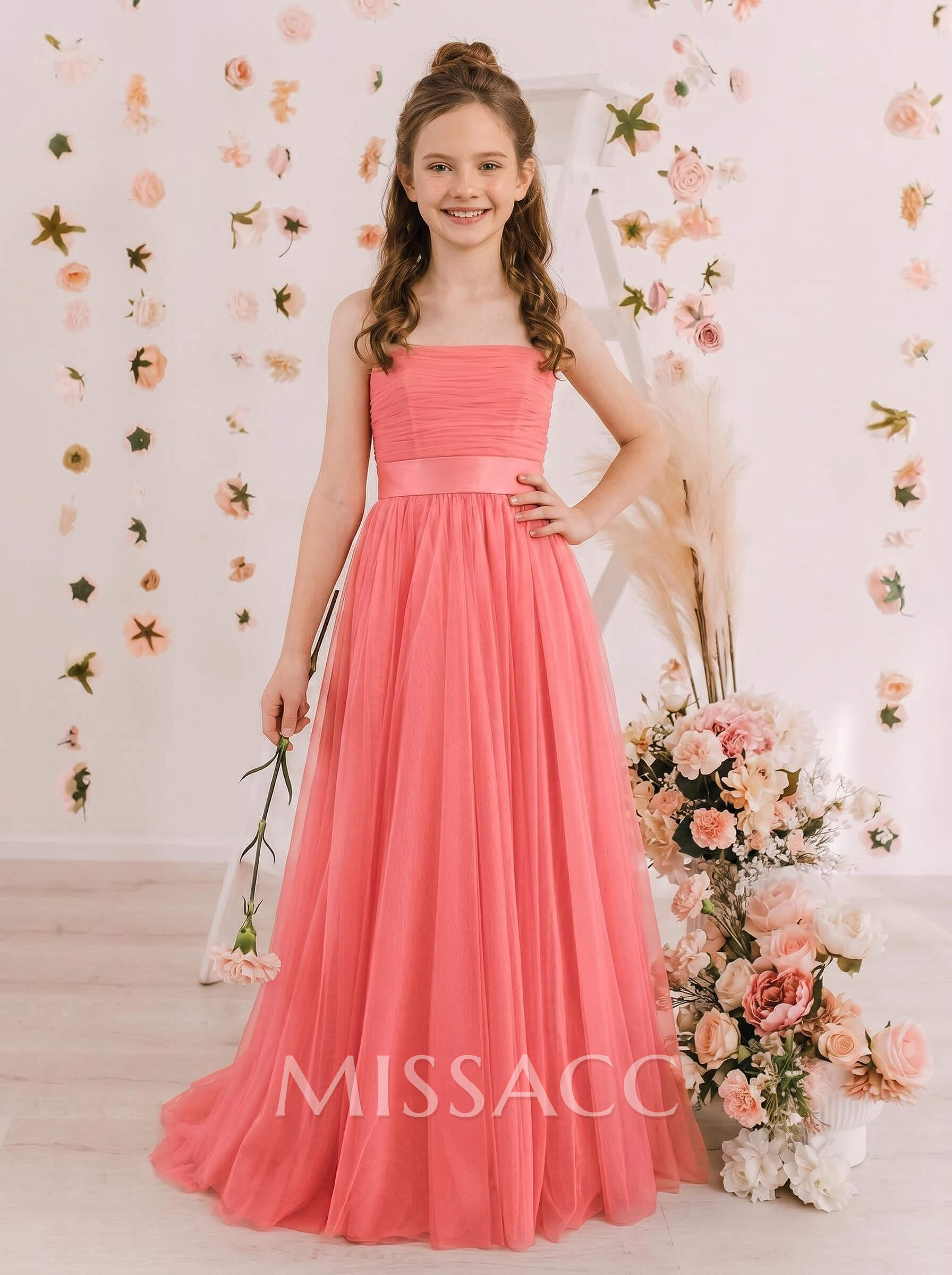 A-Line Strapless Sleeveless Sweep Train Satin/Tulle Junior Bridesmaid Dresses With Bow