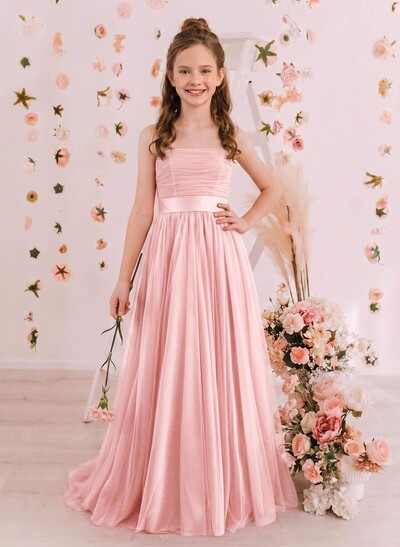 A-Line Strapless Sleeveless Sweep Train Satin/Tulle Junior Bridesmaid Dresses With Bow