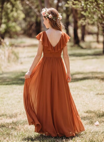 A-Line V-Neck Sleeveless Asymmetrical Chiffon Junior Bridesmaid Dresses With Ruffle/Bow