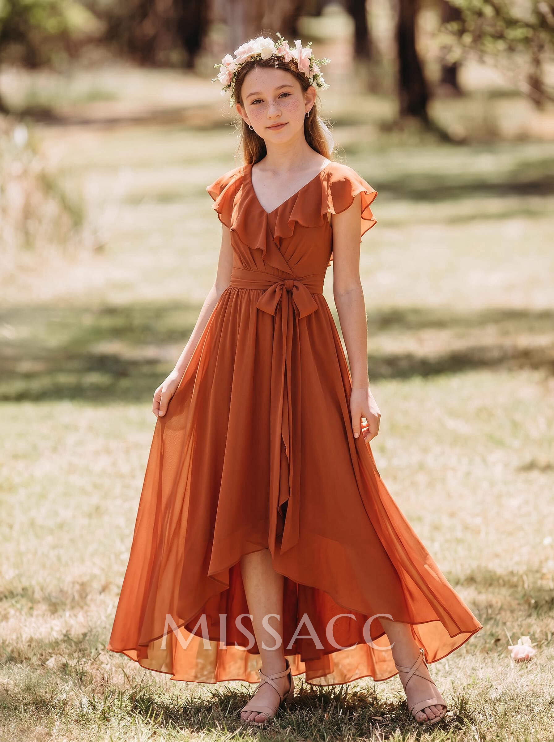 A-Line V-Neck Sleeveless Asymmetrical Chiffon Junior Bridesmaid Dresses With Ruffle/Bow