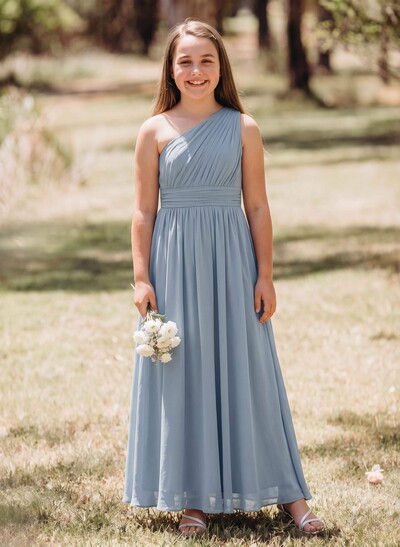 A-Line One-Shoulder Sleeveless Floor-Length Chiffon Junior Bridesmaid Dresses With Ruffle