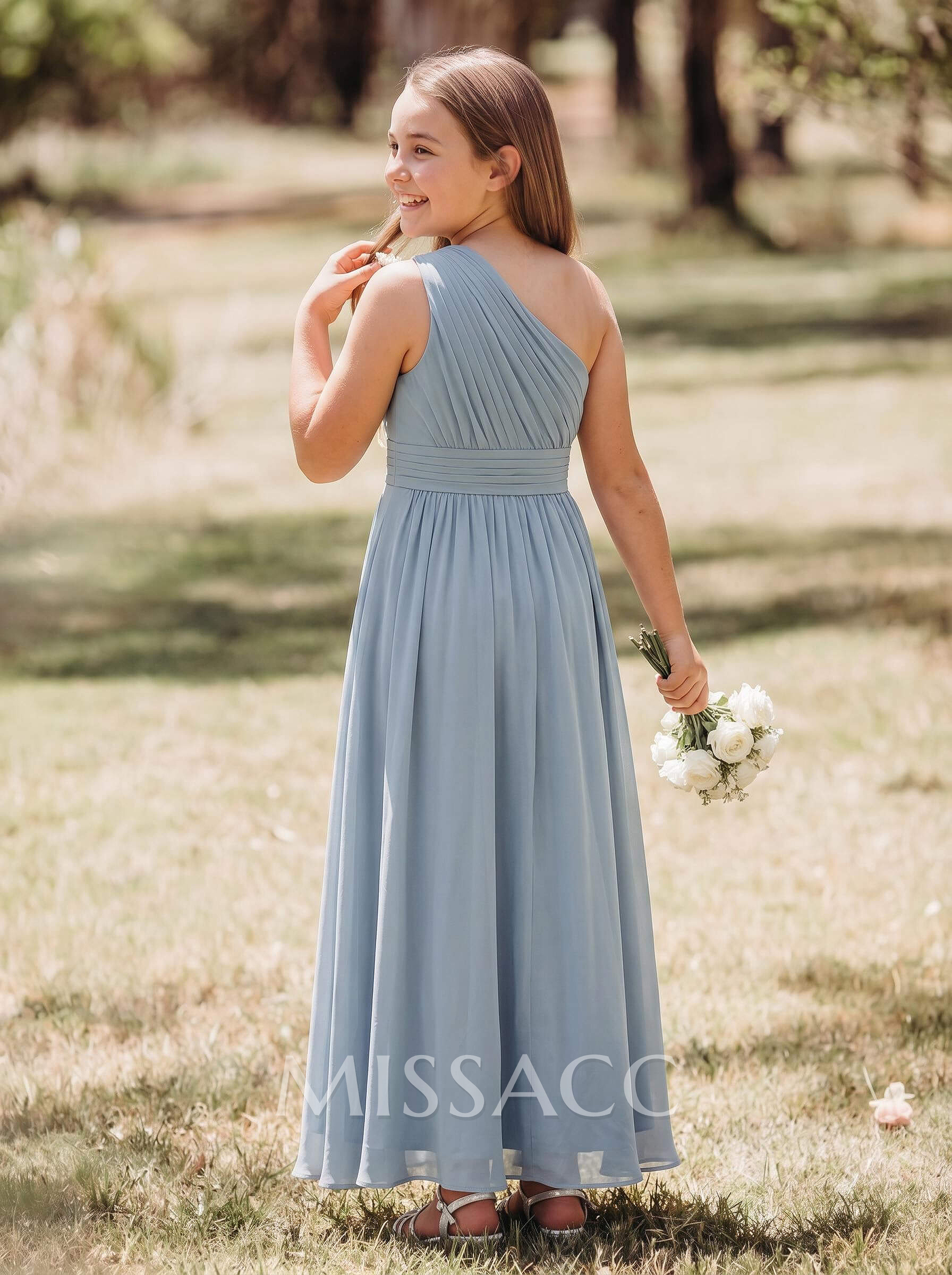 A-Line One-Shoulder Sleeveless Floor-Length Chiffon Junior Bridesmaid Dresses With Ruffle