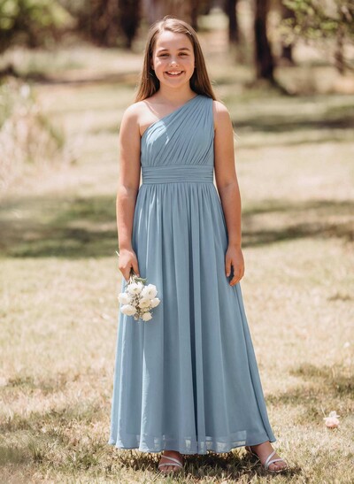 A-Line One-Shoulder Sleeveless Floor-Length Chiffon Junior Bridesmaid Dresses With Ruffle