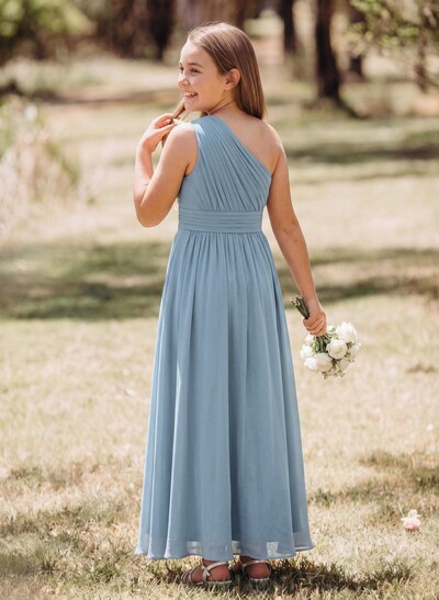 A-Line One-Shoulder Sleeveless Floor-Length Chiffon Junior Bridesmaid Dresses With Ruffle