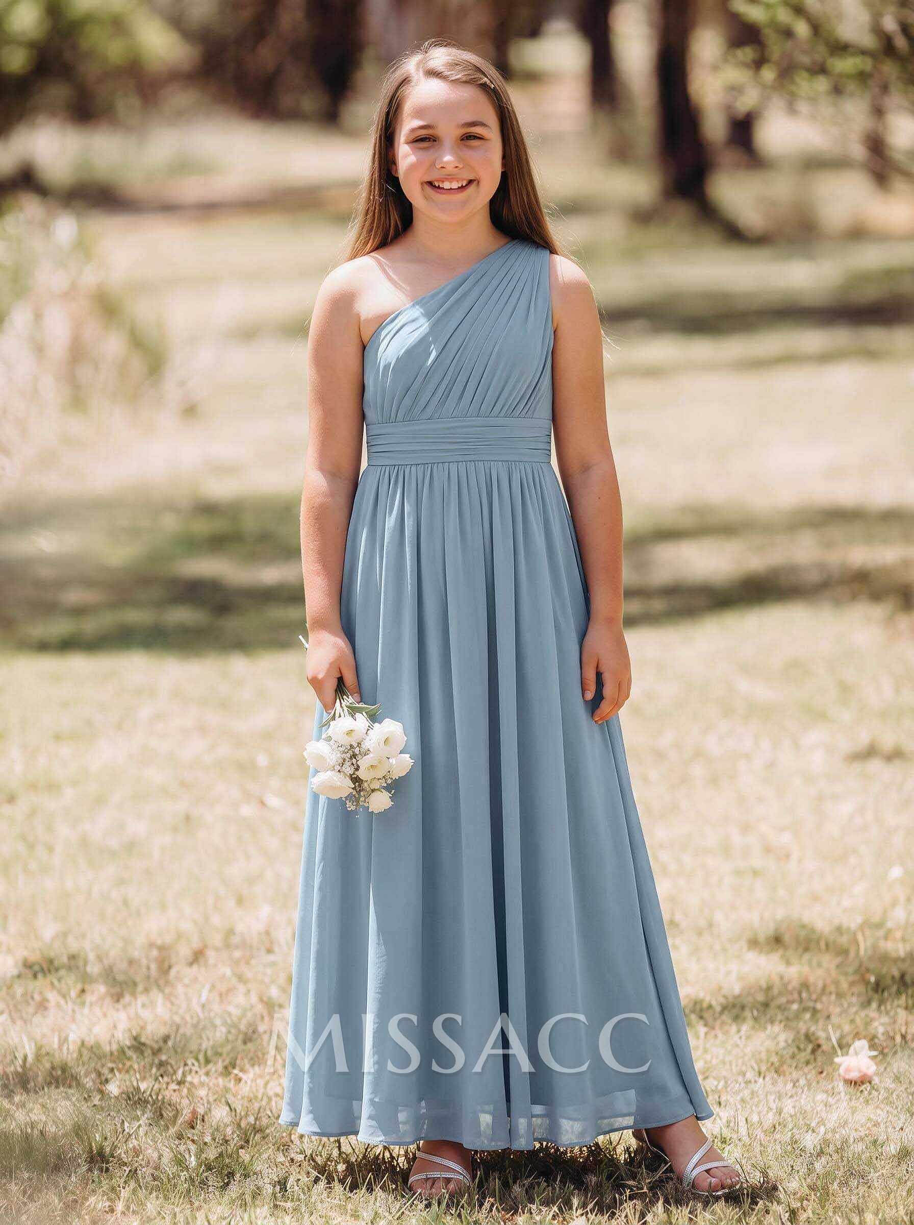 A-Line One-Shoulder Sleeveless Floor-Length Chiffon Junior Bridesmaid Dresses With Ruffle