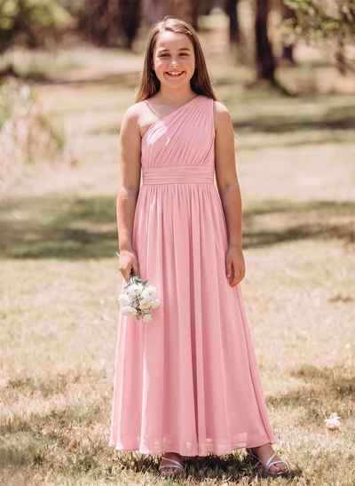 A-Line One-Shoulder Sleeveless Floor-Length Chiffon Junior Bridesmaid Dresses With Ruffle