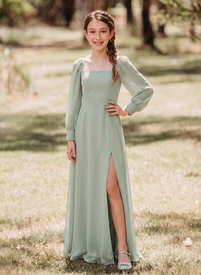 A-Line Square Neckline Long Sleeves Floor-Length Chiffon Junior Bridesmaid Dresses With