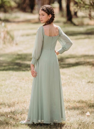 A-Line Square Neckline Long Sleeves Floor-Length Chiffon Junior Bridesmaid Dresses With