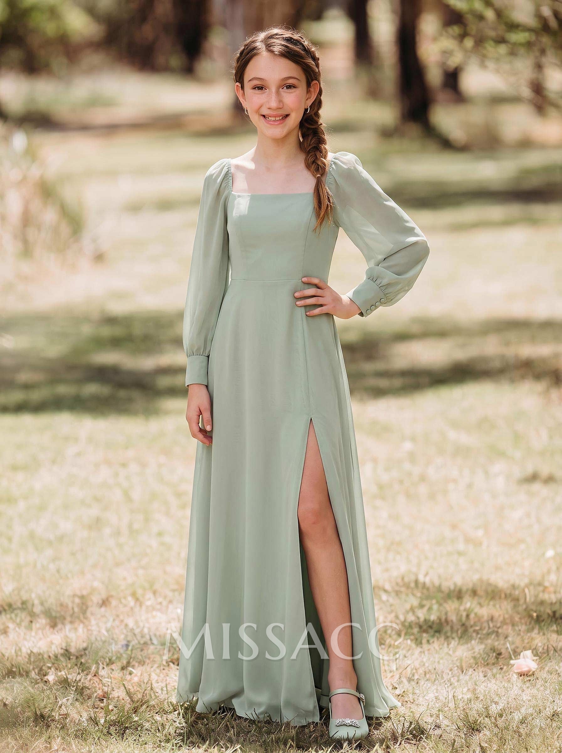 A-Line Square Neckline Long Sleeves Floor-Length Chiffon Junior Bridesmaid Dresses With