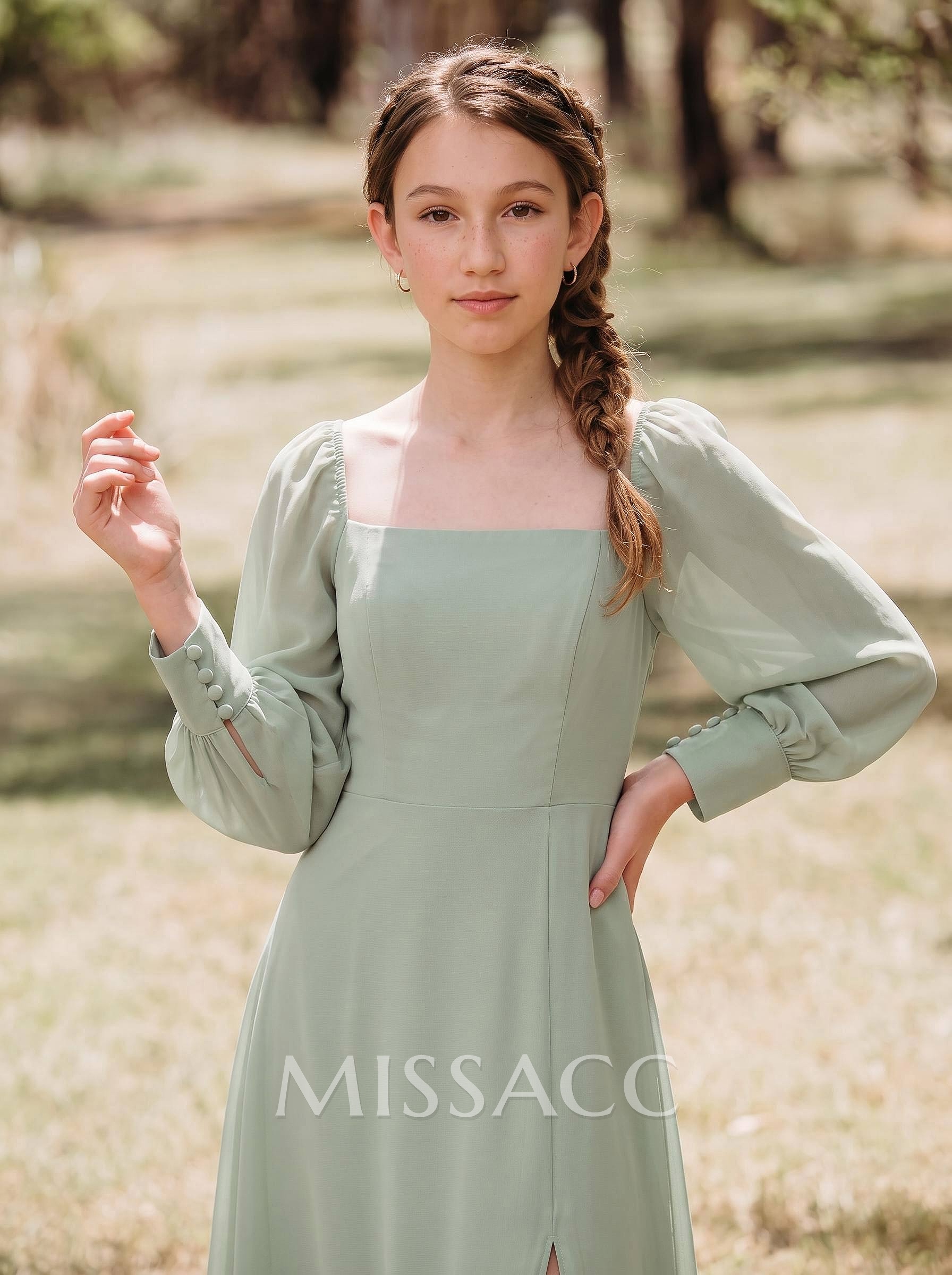 A-Line Square Neckline Long Sleeves Floor-Length Chiffon Junior Bridesmaid Dresses With