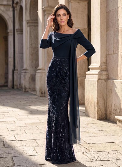 Sheath/Column Asymmetrical 3/4 Sleeves Floor-Length Chiffon/Lace Mother Of The Bride Dresses With Bow(s)/Appliques Lace