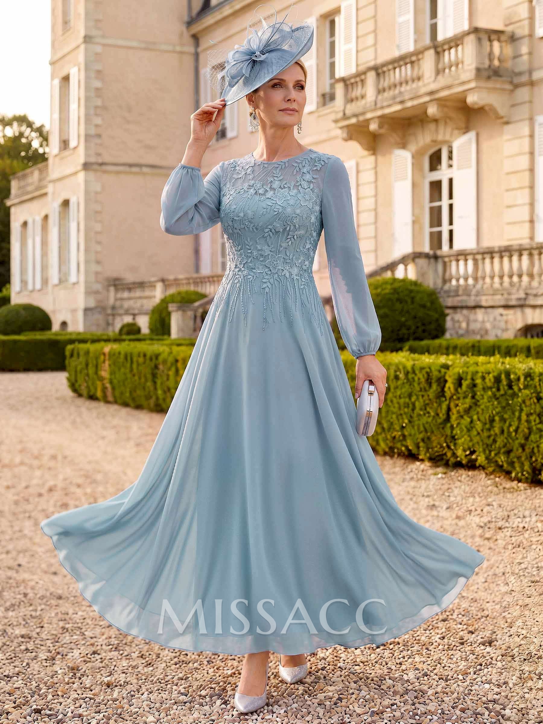 A-Line Scoop Neck Long Sleeves Ankle-Length Chiffon/Lace Mother Of The Bride Dresses With Appliques Lace