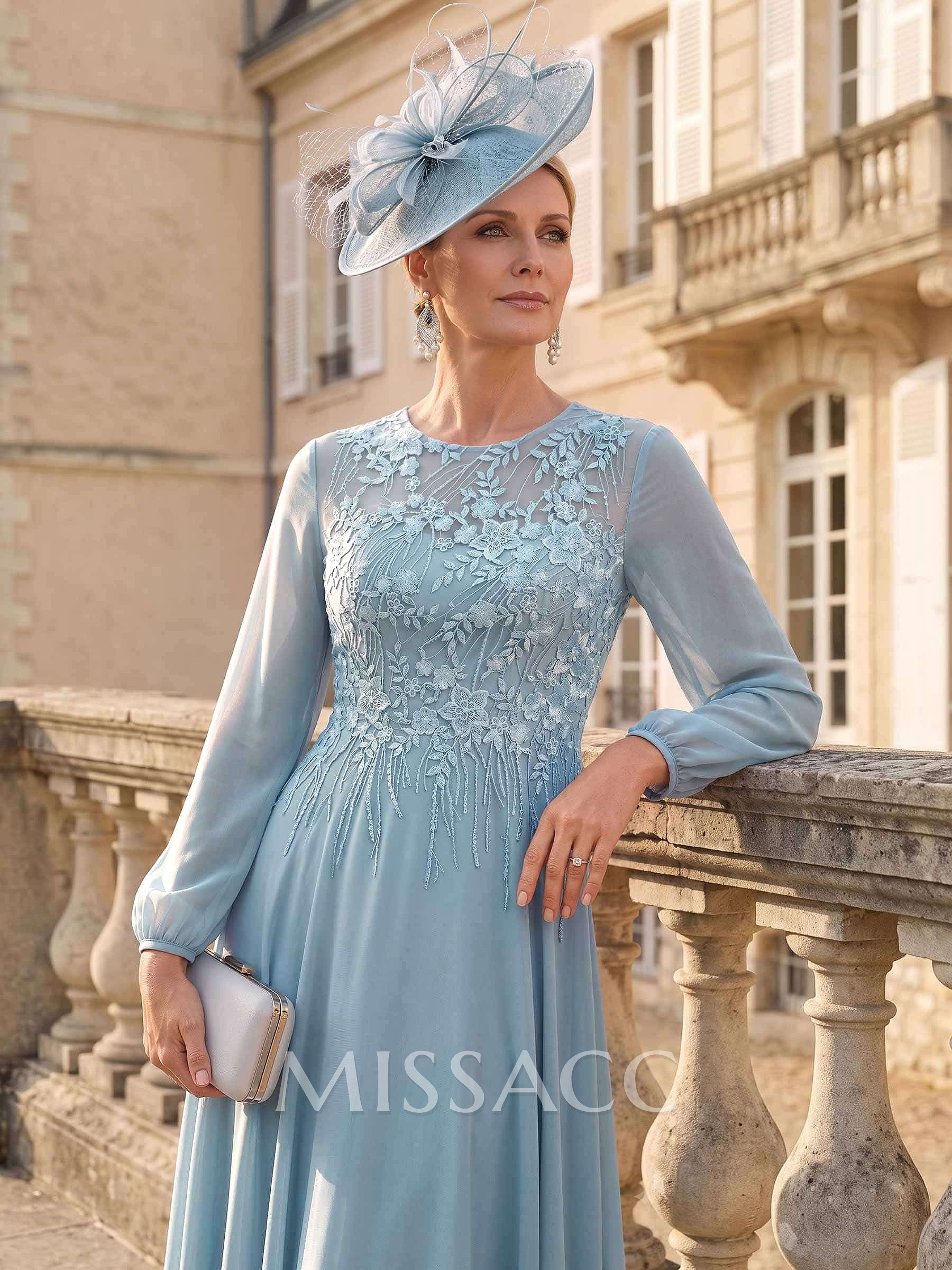 A-Line Scoop Neck Long Sleeves Ankle-Length Chiffon/Lace Mother Of The Bride Dresses With Appliques Lace