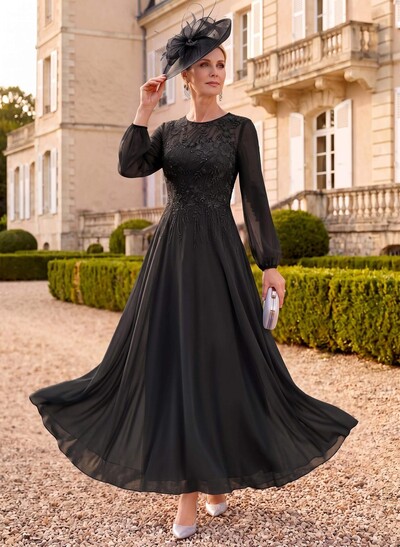 A-Line Scoop Neck Long Sleeves Ankle-Length Chiffon/Lace Mother Of The Bride Dresses With Appliques Lace
