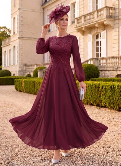 A-Line Scoop Neck Long Sleeves Ankle-Length Chiffon/Lace Mother Of The Bride Dresses With Appliques Lace