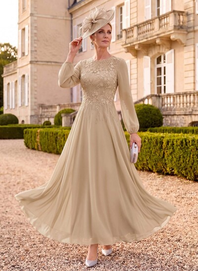 A-Line Scoop Neck Long Sleeves Ankle-Length Chiffon/Lace Mother Of The Bride Dresses With Appliques Lace