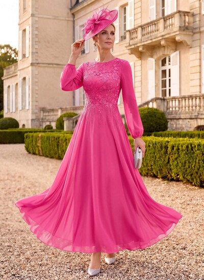 A-Line Scoop Neck Long Sleeve Ankle-Length Chiffon & Lace Mother of the Bride Dress with Lace Appliques