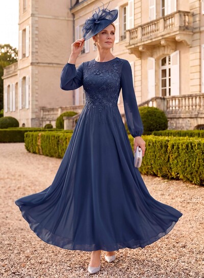 A-Line Scoop Neck Long Sleeves Ankle-Length Chiffon/Lace Mother Of The Bride Dresses With Appliques Lace