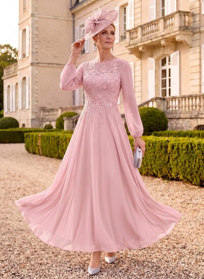 A-Line Scoop Neck Long Sleeves Ankle-Length Chiffon/Lace Mother Of The Bride Dresses With Appliques Lace