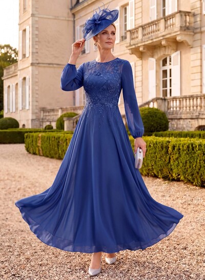 A-Line Scoop Neck Long Sleeves Ankle-Length Chiffon/Lace Mother Of The Bride Dresses With Appliques Lace